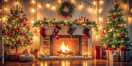 Cozy Christmas interior with a fireplace, decorated with stockings, garland, and twinkling lights