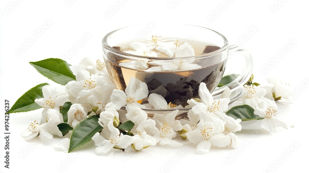 A cup of jasmine tea with fresh jasmine flowers and leaves isolated on a white background. A cup of jasmine tea with fresh jasmine flowers and leaves isolated on a white background.