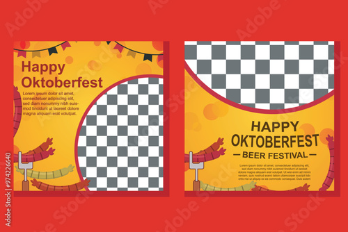 Oktoberfest square social media post collection template. elements of grilled sausage, wheat and beer, blue and white checkered flag. and retro style design elements