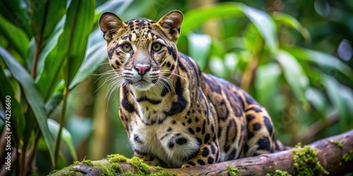 Stunning clouded leopard in dense jungle, showcasing patterned coat and natural habitat