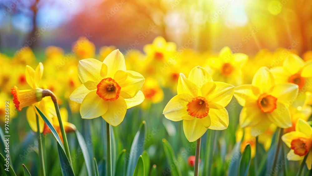 Obraz premium Vibrant yellow daffodils blooming beautifully in a colorful spring garden