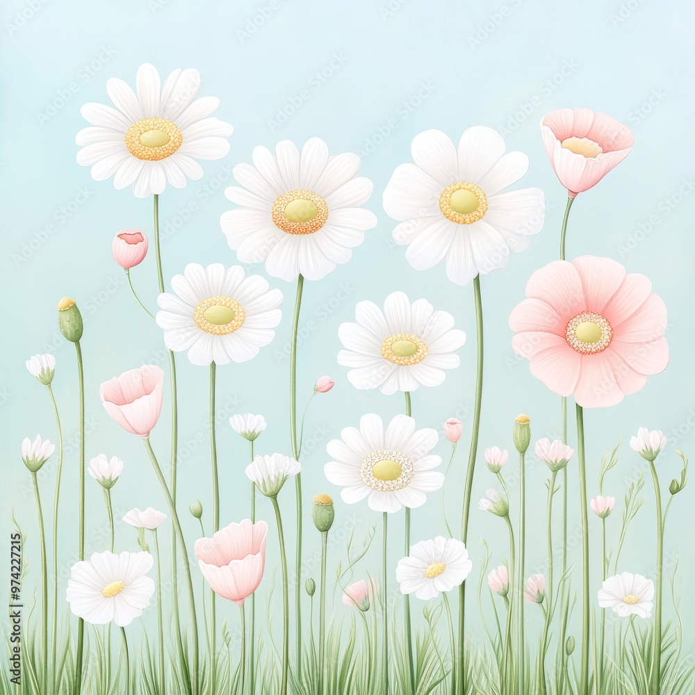 A serene floral illustration featuring delicate daisies and poppies against a soft blue background, evoking tranquility and beauty. A serene floral illustration featuring delicate daisies and poppies against a soft blue background, evoking tranquility and beauty.