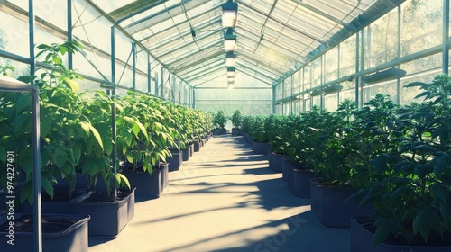 A greenhouse with automated watering systems, no people, and ample copy space