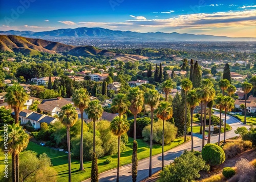 Panoramic view of Granada Hills, California, featuring rolling hills, lush greenery, and majestic palm trees framing photo