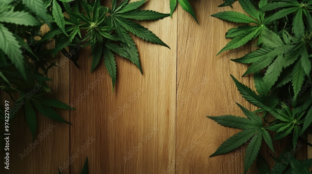 A flat lay of cannabis leaves arranged around the edges of a wooden background with empty space in the center. A flat lay of cannabis leaves arranged around the edges of a wooden background with empty space in the center.