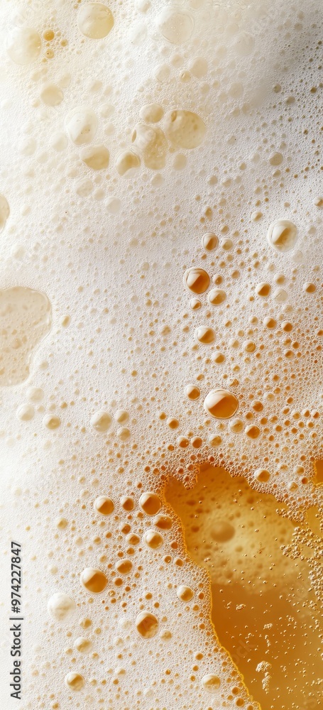 The top of the beer is covered with a layer of white foam, and there is a yellow amber liquid underneath. The top of the beer is covered with a layer of white foam, and there is a yellow amber liquid underneath.