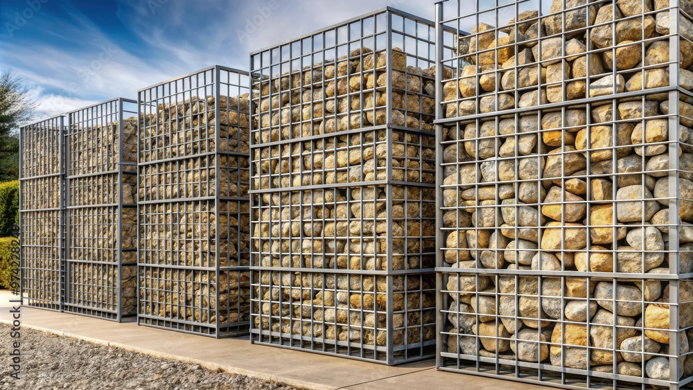 Gabion stones in galvanized steel metal baskets creating a unique facade wallpaper wall background Gabion stones in galvanized steel metal baskets creating a unique facade wallpaper wall background