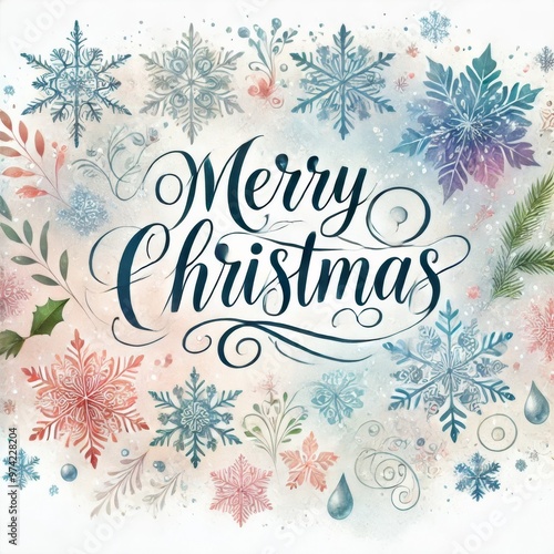 A beautiful watercolor graphic design featuring delicate snowflakes and a light snowfall, with a festive Christmas theme. The words 'Merry Christmas'