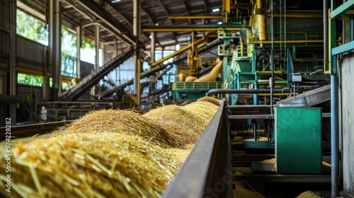 A sugarcane processing facility with conveyor belts, no people, copy space