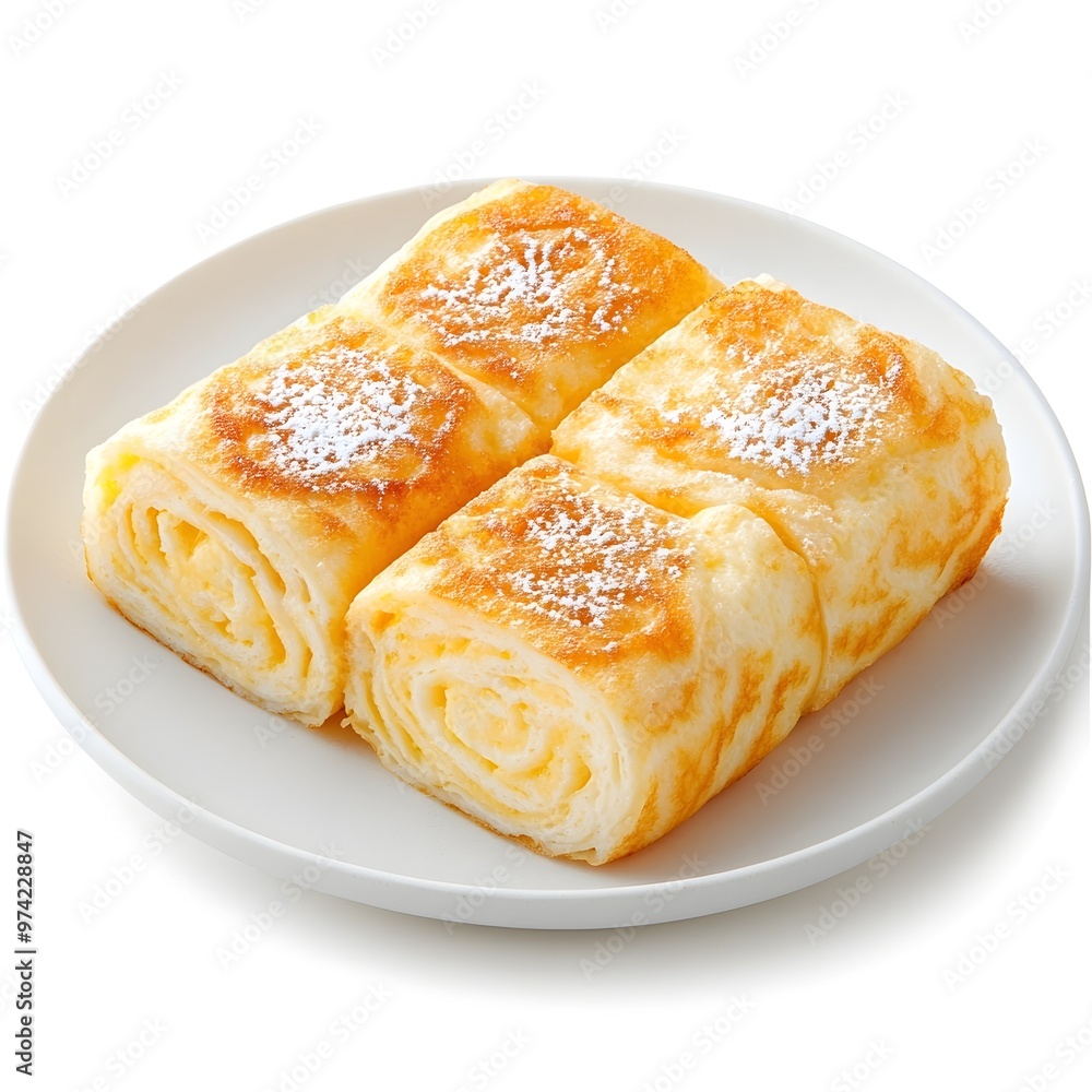 Delicious Japanese Tamagoyaki Omelette on White Plate with Appetizing Presentation Delicious Japanese Tamagoyaki Omelette on White Plate with Appetizing Presentation