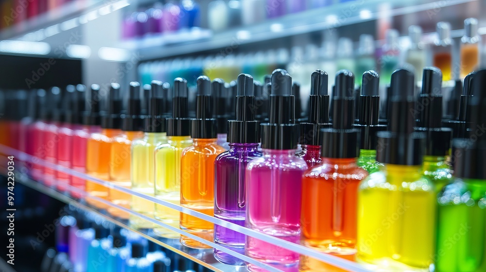 Dropper bottles in every color fill various display stands, giving a stylish look to makeup supplies. Dropper bottles in every color fill various display stands, giving a stylish look to makeup supplies.