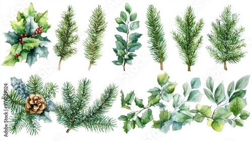 Wallpaper Mural Festive Pine Branches and Holly Watercolor Generative AI Torontodigital.ca