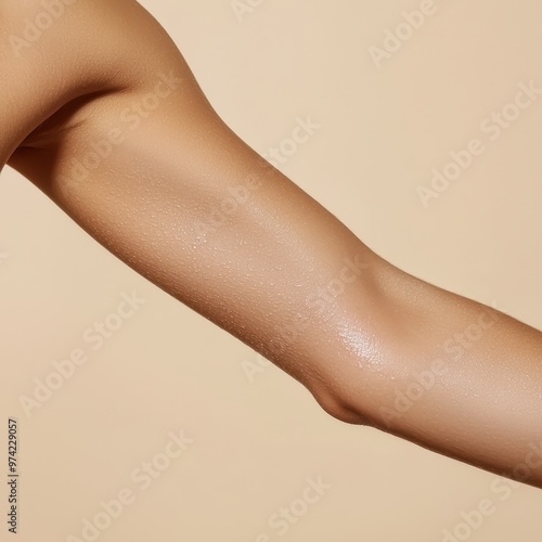 Close-up of a human elbow slightly bent, displaying smooth skin and fine texture, photographed against a beige background.