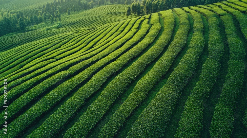 Aerial view of a large tea plantation during harvest, no people, and copy space Aerial view of a large tea plantation during harvest, no people, and copy space