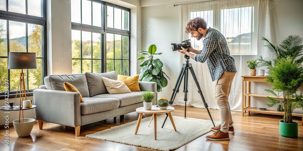 Professional photographer meticulously adjusts camera settings on tripod in stylishly decorated living room, optimizing Professional photographer meticulously adjusts camera settings on tripod in stylishly decorated living room, optimizing