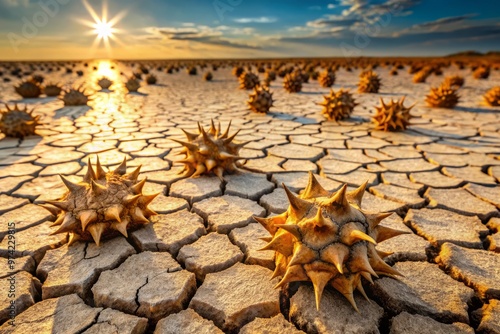 Prickly caltrop fruit lies scattered on dry, cracked earth, its distinctive, star-shaped pods and sharp spines creating