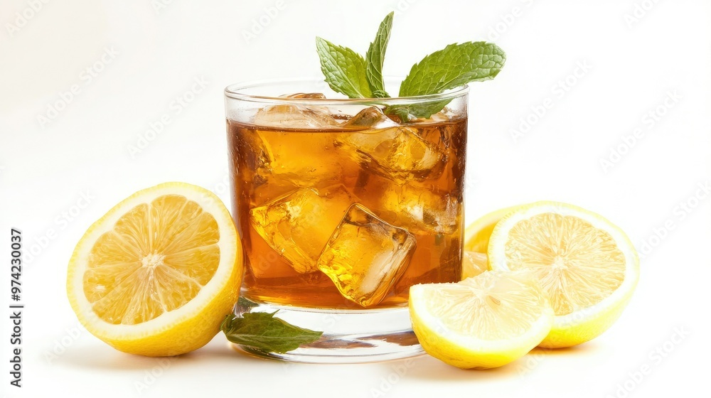 A glass of iced tea with lemon wedges and mint leaves on a white background. A glass of iced tea with lemon wedges and mint leaves on a white background.