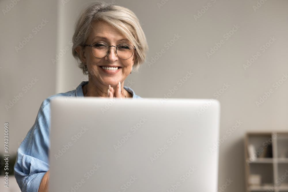 Older woman use laptop, feel happy while connecting with loved ones through video call app, received good news through email or social media, get profitable commercial offer, read about huge discounts Older woman use laptop, feel happy while connecting with loved ones through video call app, received good news through email or social media, get profitable commercial offer, read about huge discounts
