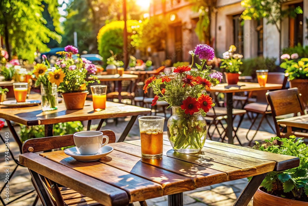 Obraz premium Relaxed, carefree atmosphere at a sunny outdoor cafe, with messy tables, scattered flowers, and a laid-back vibe,