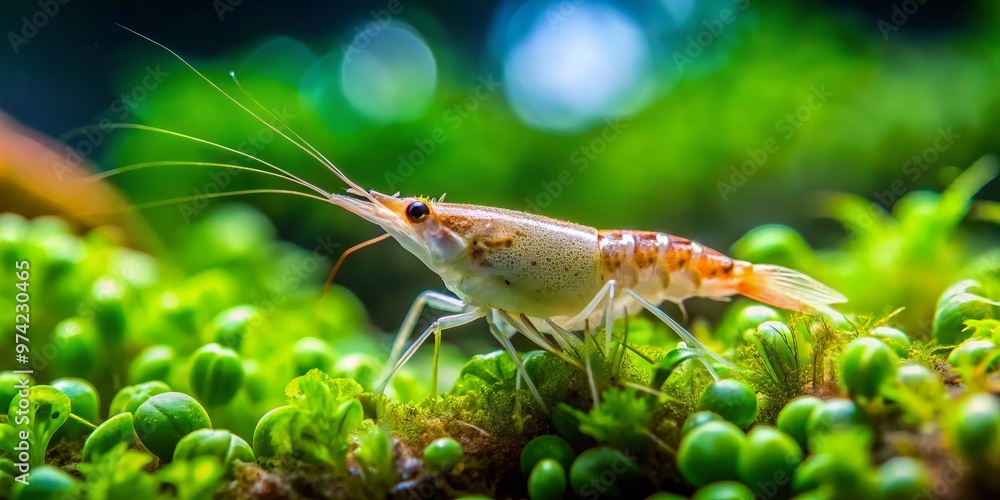 Tiny freshwater shrimp scavenge for food among lush aquatic plants in an aquarium tank, filtering the water with Tiny freshwater shrimp scavenge for food among lush aquatic plants in an aquarium tank, filtering the water with