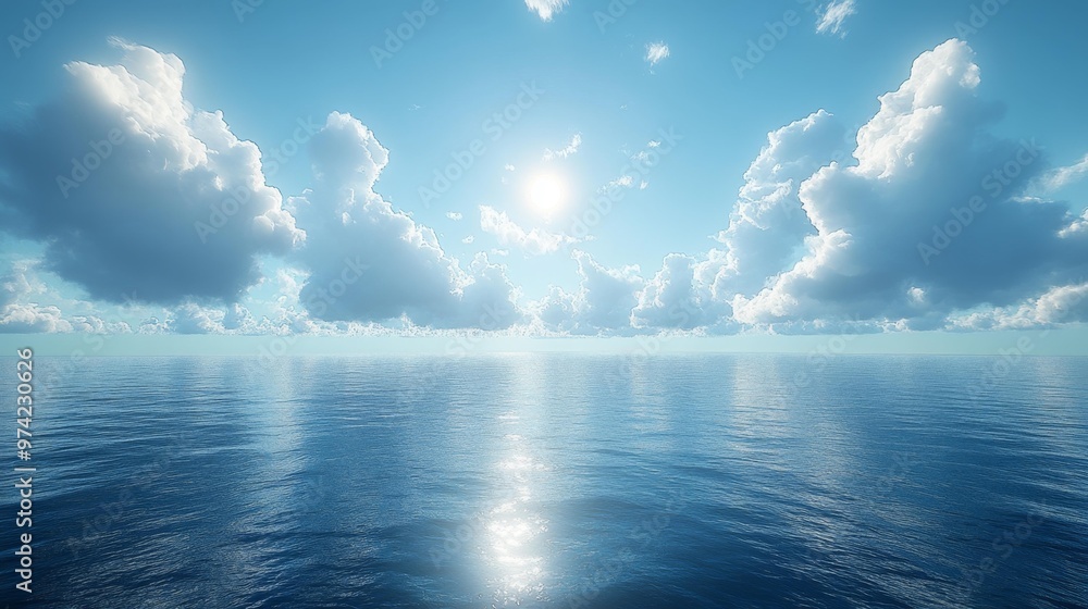Fototapeta premium Sunlit Ocean Horizon with Fluffy Clouds Generative AI