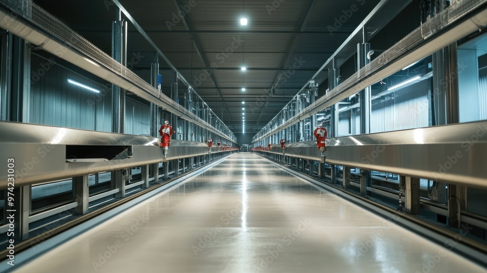 Automated feeding systems in a large dairy farm, no people, and ample space for text Automated feeding systems in a large dairy farm, no people, and ample space for text