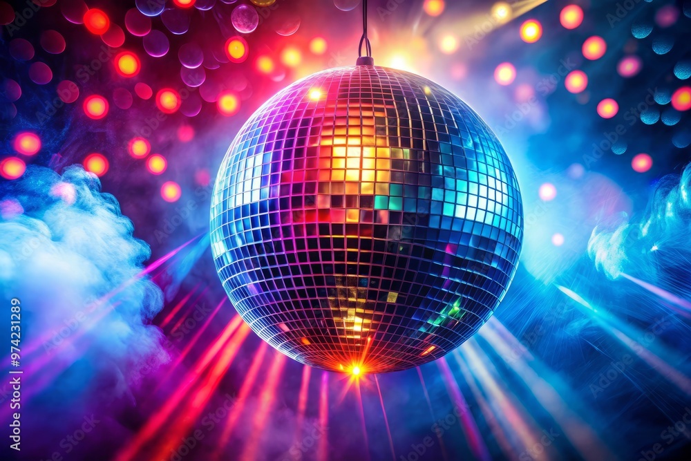 Obraz premium Retro disco ball spins amidst flashy lights, fog, and colorful patterns, evoking a vibrant, energetic atmosphere