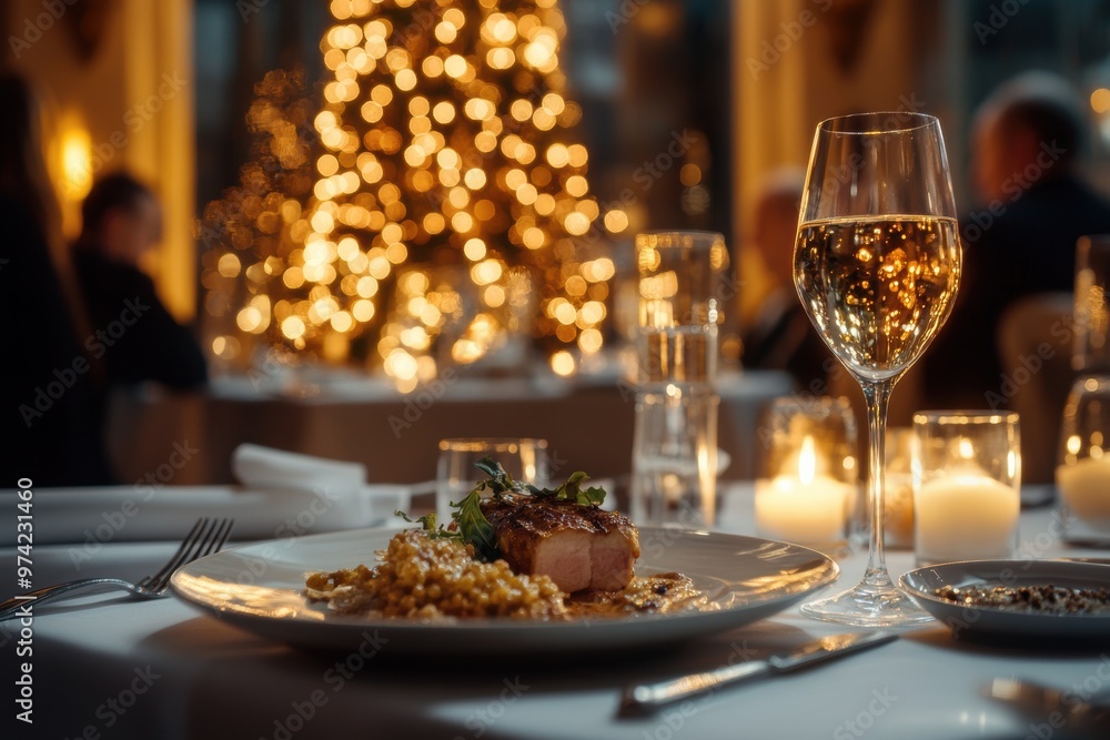 An elegant dining scene features guests enjoying a gourmet meal in a luxurious An elegant dining scene features guests enjoying a gourmet meal in a luxurious