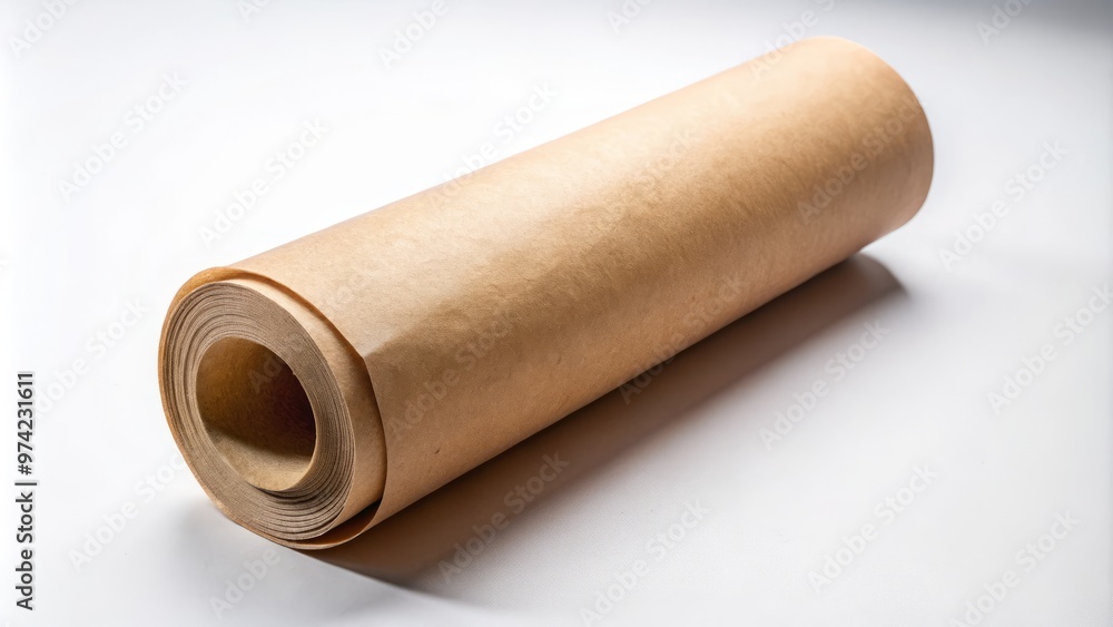 Unwrapped kraft paper roll lies neat on a white surface, highlighting its texture, composing fibers, and organic Unwrapped kraft paper roll lies neat on a white surface, highlighting its texture, composing fibers, and organic