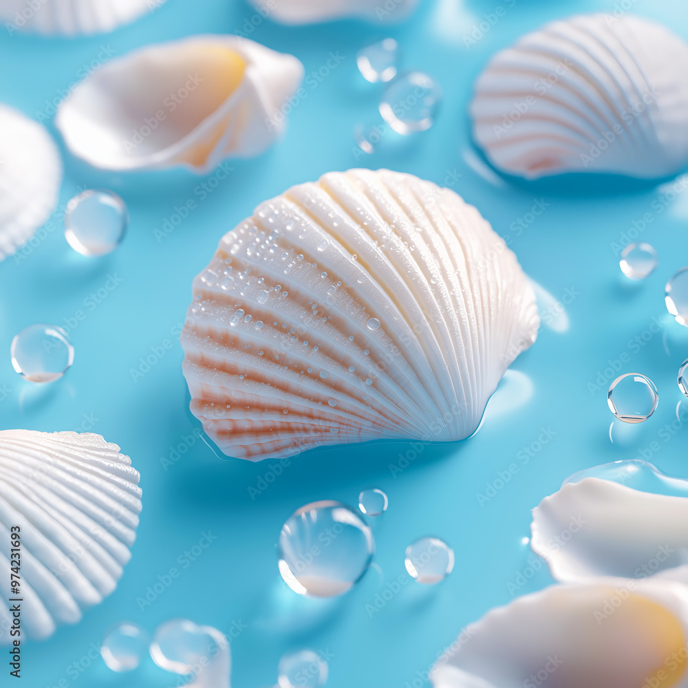 White seashells on a pastel blue background. Summer holiday and vacation concept. Seashell White seashells on a pastel blue background. Summer holiday and vacation concept. Seashell