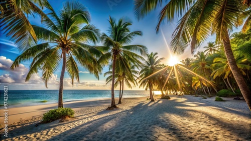 Warm sunlight filters through towering palm trees, casting dappled shadows on the powdery white sand of a secluded tropical beach.