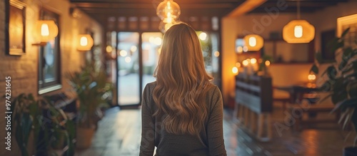 Woman with Long Blonde Hair Standing in a Warmly Lit Room. Generate Ai Image