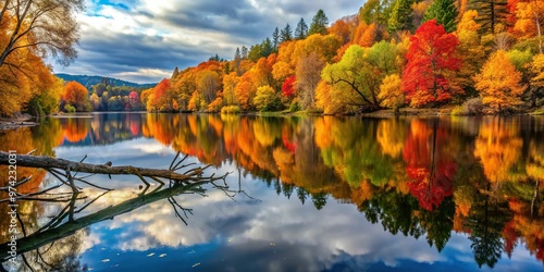 Vibrant autumn colors reflected in the lake's mirror-like surface, with a few fallen leaves and branches strewn about the shoreline. photo