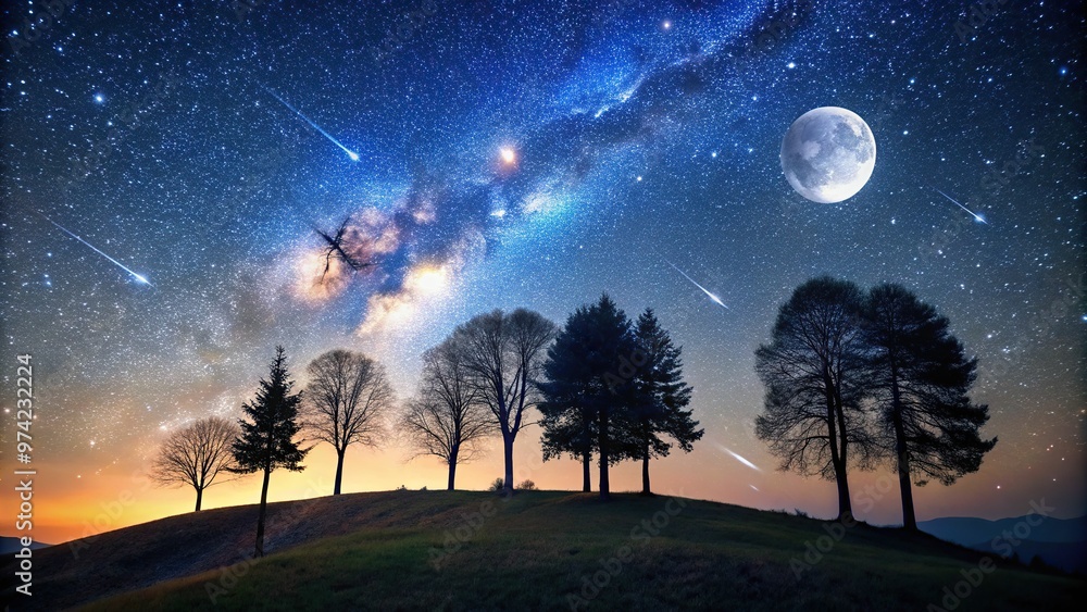 Silhouetted trees standing tall on a hilltop, against a backdrop of radiant meteor streaks and a star-studded sky, with the moon casting a soft, silver glow. Silhouetted trees standing tall on a hilltop, against a backdrop of radiant meteor streaks and a star-studded sky, with the moon casting a soft, silver glow.