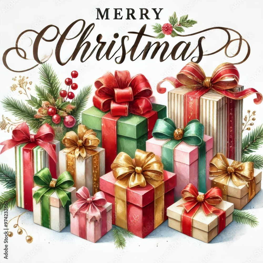 A watercolor graphic design featuring beautifully wrapped Christmas presents in various sizes and colors, placed together in a festive arrangement. A watercolor graphic design featuring beautifully wrapped Christmas presents in various sizes and colors, placed together in a festive arrangement.