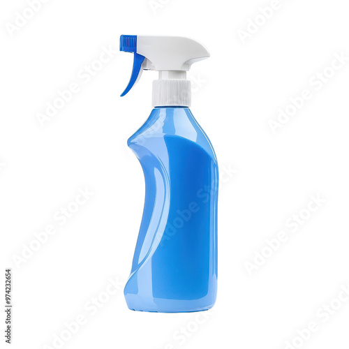 A blue spray bottle with a white nozzle, ideal for cleaning products or personal care use. Perfect for any household setting.