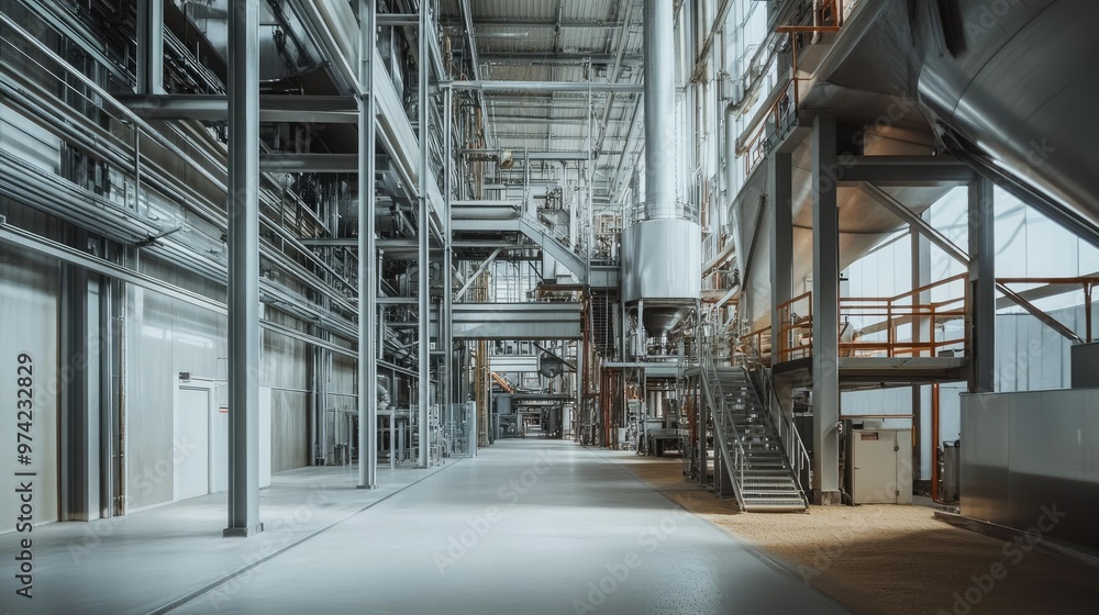 Inside a grain processing facility with massive machines, no people, copy space Inside a grain processing facility with massive machines, no people, copy space