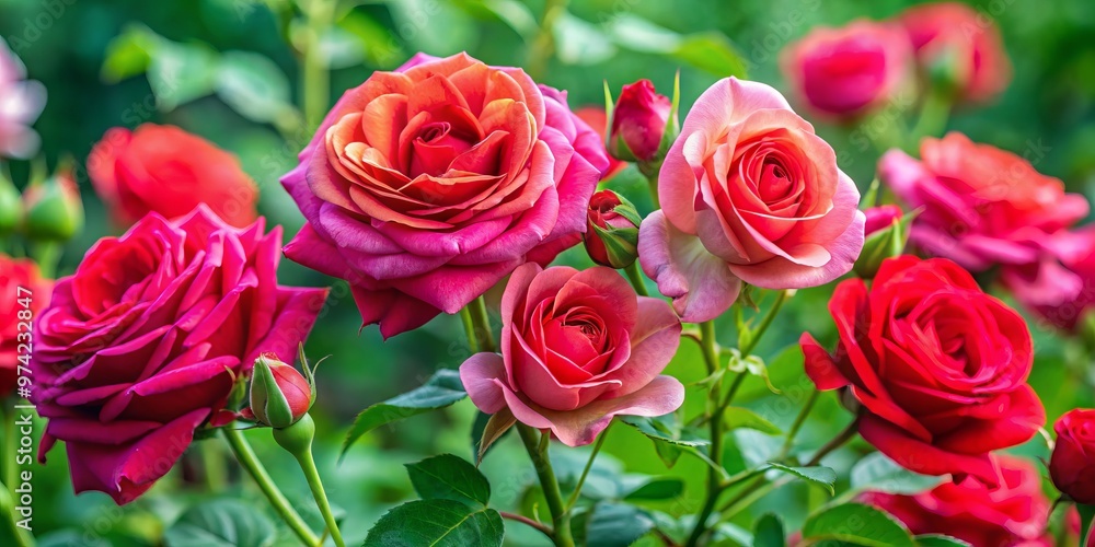 Vibrant red and delicate pink roses adorn stems with soft green leaves, their delicate petals unfolding like tiny Vibrant red and delicate pink roses adorn stems with soft green leaves, their delicate petals unfolding like tiny