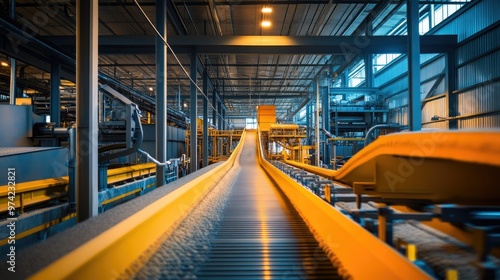 Inside a grain processing facility with conveyor systems, no people