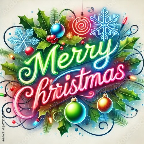 A watercolor graphic design featuring a Christmas theme with neon elements. The design includes vibrant, glowing neon lights in festive colors such