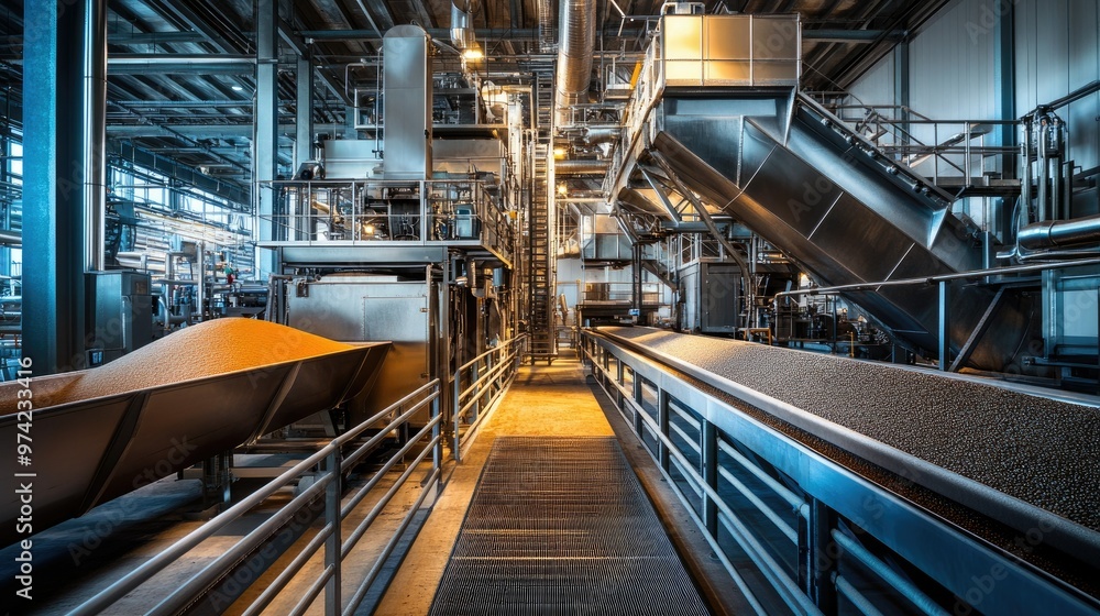 Fototapeta premium Inside an agricultural processing facility with large machines, no people, copy space