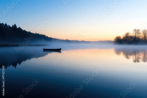 Wallpaper Mural Serene lake at dawn with a lone boat, enveloped in mist and reflecting soft colors of the rising sun. Torontodigital.ca