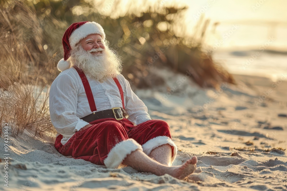 Obraz premium Santa Claus in red suspenders sitting on the sand, relaxing with bare feet at the seaside, holiday concept