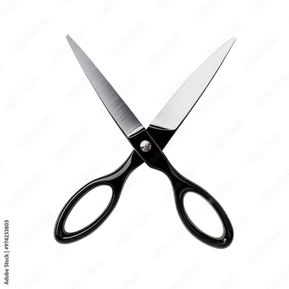 A pair of sharp stainless steel scissors with black handles, perfect for crafting and office use. A pair of sharp stainless steel scissors with black handles, perfect for crafting and office use.