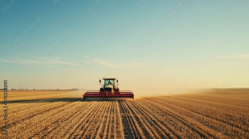 Modern agricultural machinery harvesting crops in a vast field with clear skies and copy space Modern agricultural machinery harvesting crops in a vast field with clear skies and copy space