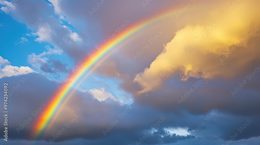 A vibrant rainbow arcs across a blue sky, framed by soft clouds and warm sunlight, creating a stunning natural spectacle. A vibrant rainbow arcs across a blue sky, framed by soft clouds and warm sunlight, creating a stunning natural spectacle.