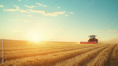 Modern agricultural machinery harvesting crops in a vast field with clear skies and copy space