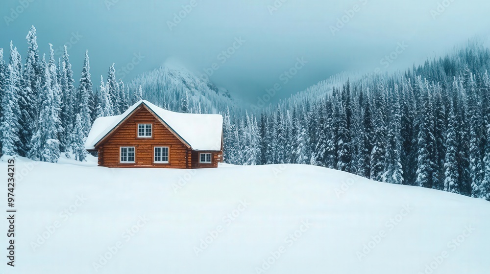 A cozy wooden house nestled in a tranquil winter landscape, surrounded by snow-covered trees and mountains, creating a serene atmosphere. A cozy wooden house nestled in a tranquil winter landscape, surrounded by snow-covered trees and mountains, creating a serene atmosphere.