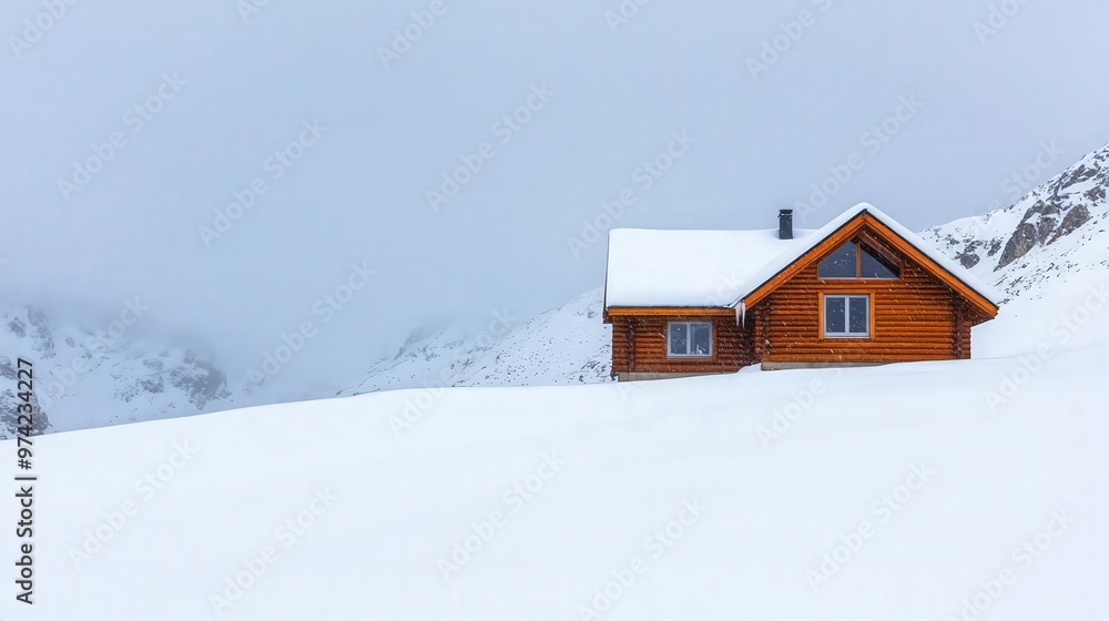 A charming wooden house nestled in a snow-covered landscape, surrounded by mountains and a serene winter atmosphere. A charming wooden house nestled in a snow-covered landscape, surrounded by mountains and a serene winter atmosphere.