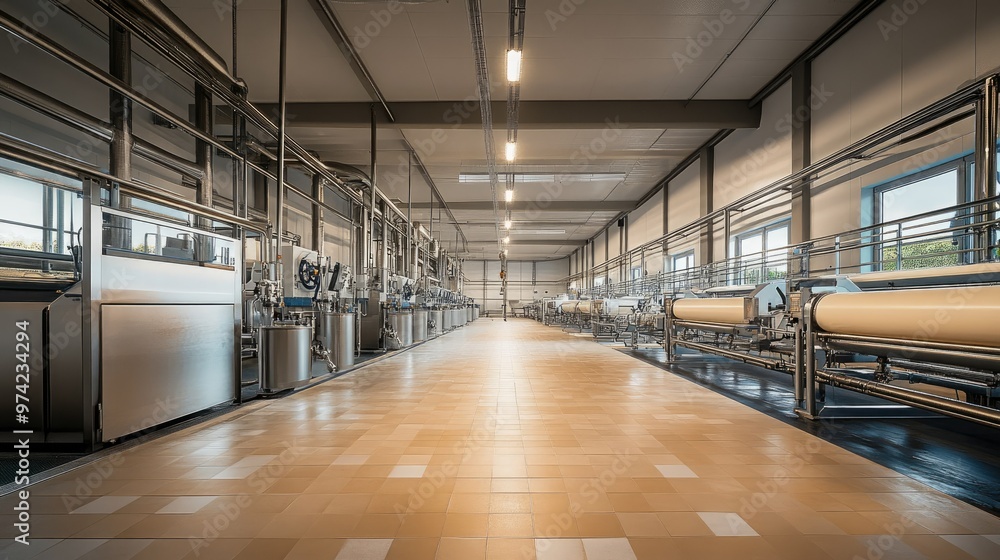 Modern dairy farm facility with milking machines, no people, ample text space Modern dairy farm facility with milking machines, no people, ample text space